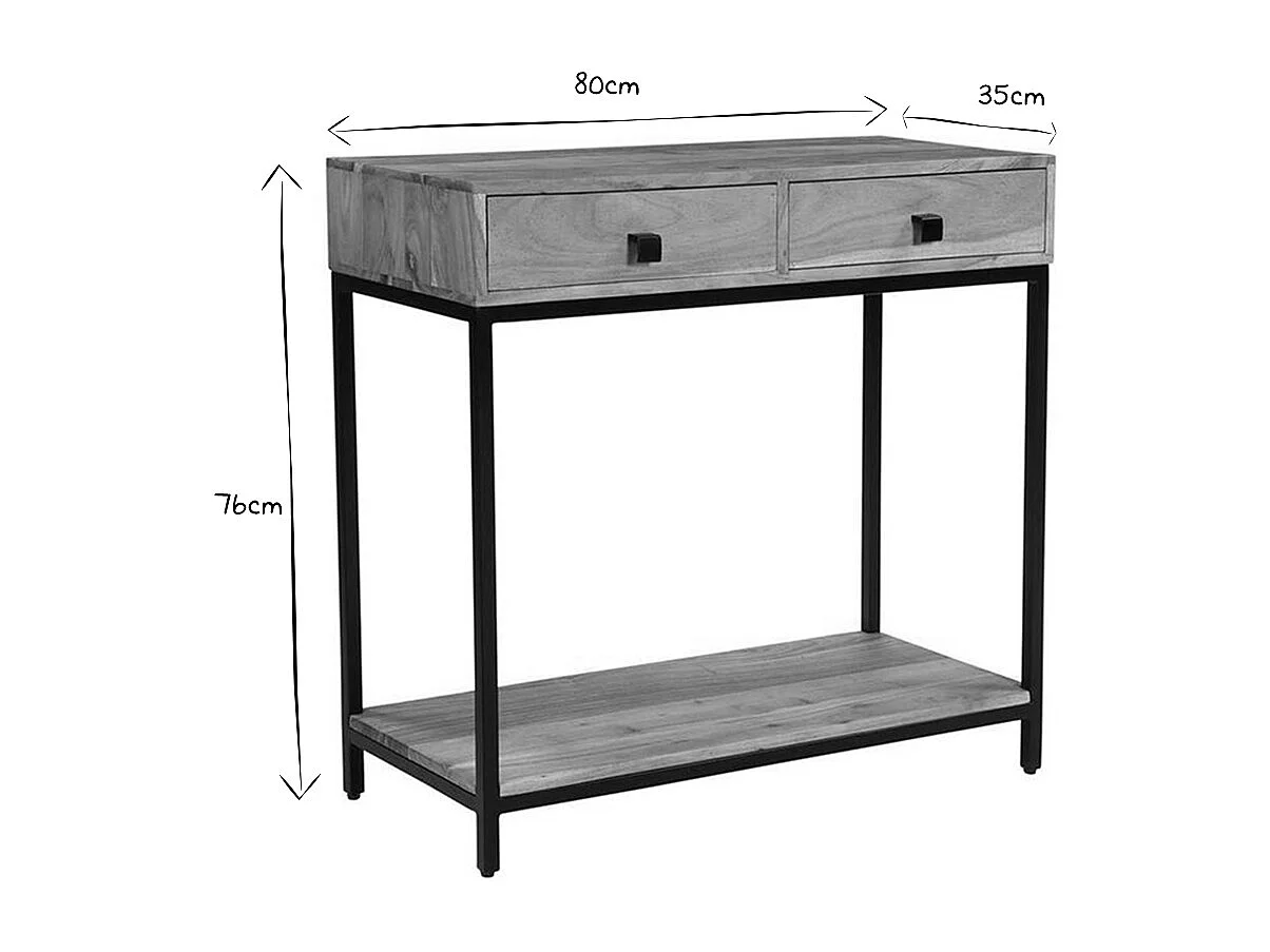 Console avec rangements 2 tiroirs en bois massif et métal noir L80 cm AXELLE