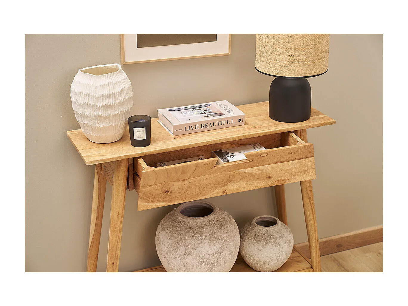 Console naturelle avec tiroir en bois massif L90 cm FRANKLIN