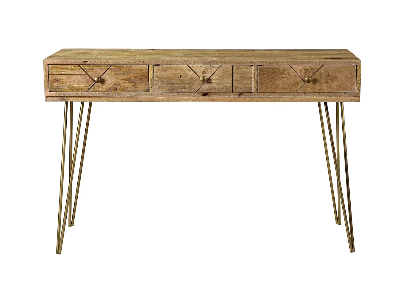 Console avec rangements 3 tiroirs en bois manguier massif gravé et métal doré L120 cm LINIUM