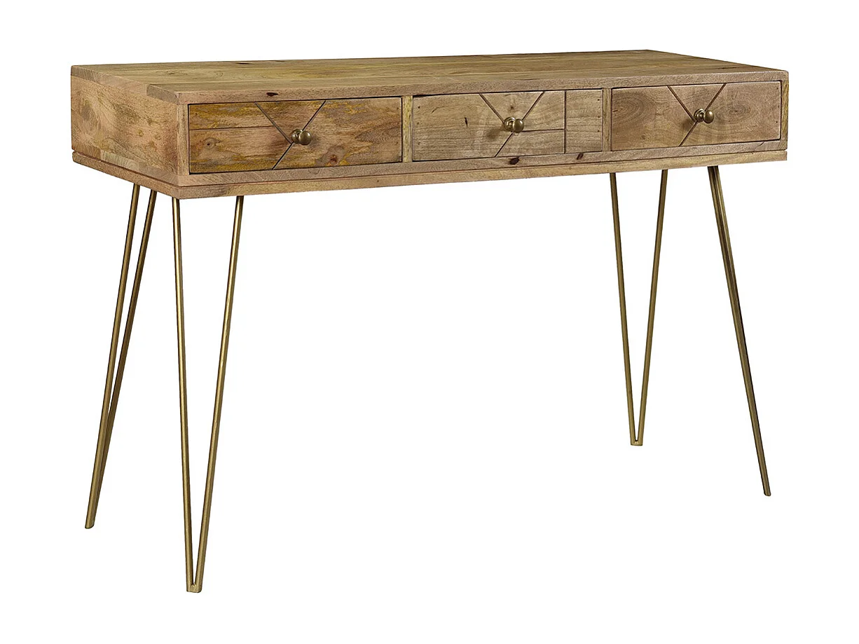 Konsole graviert aus Mangoholz und vergoldetem Metall L120 cm LINIUM