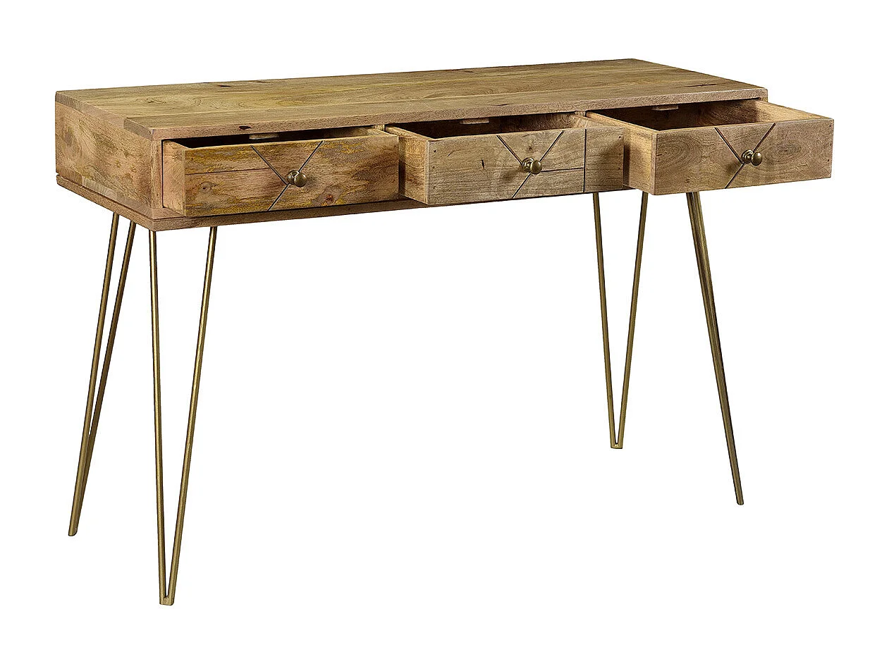 Konsole graviert aus Mangoholz und vergoldetem Metall L120 cm LINIUM