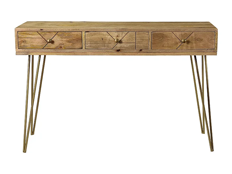 Konsole graviert aus Mangoholz und vergoldetem Metall L120 cm LINIUM