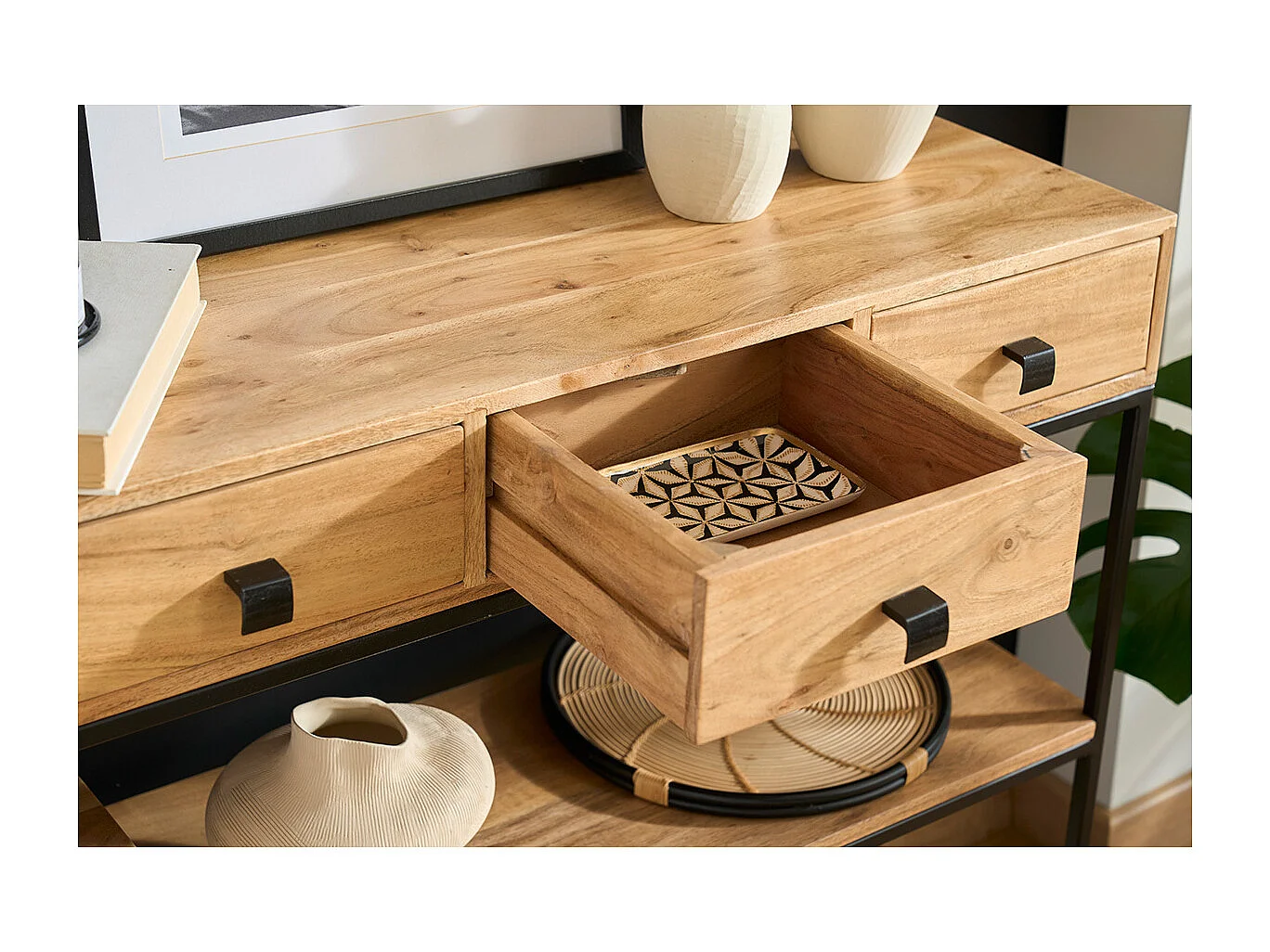 Consola 4 cajones en cacia y metal negro L115 cm GRENELLE