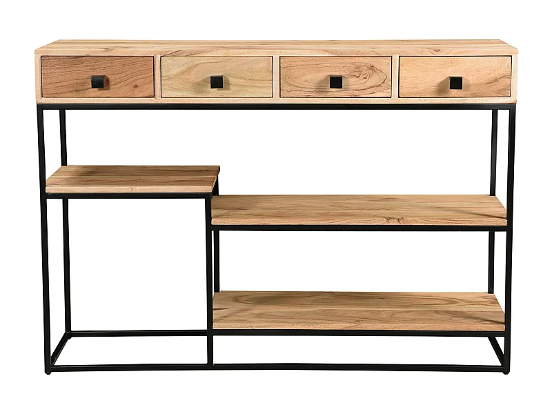 Console industrielle avec rangements 4 tiroirs en bois massif et métal noir L115 cm GRENELLE