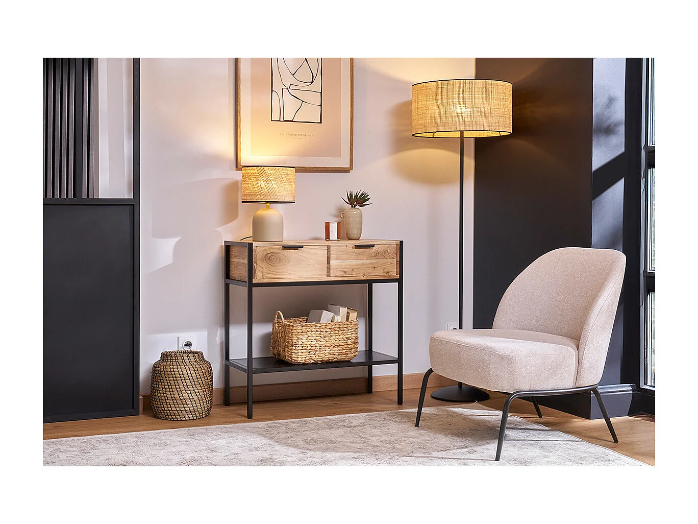 Konsole aus Akazie und schwarzem Metall 2 Schubladen ARTHUS