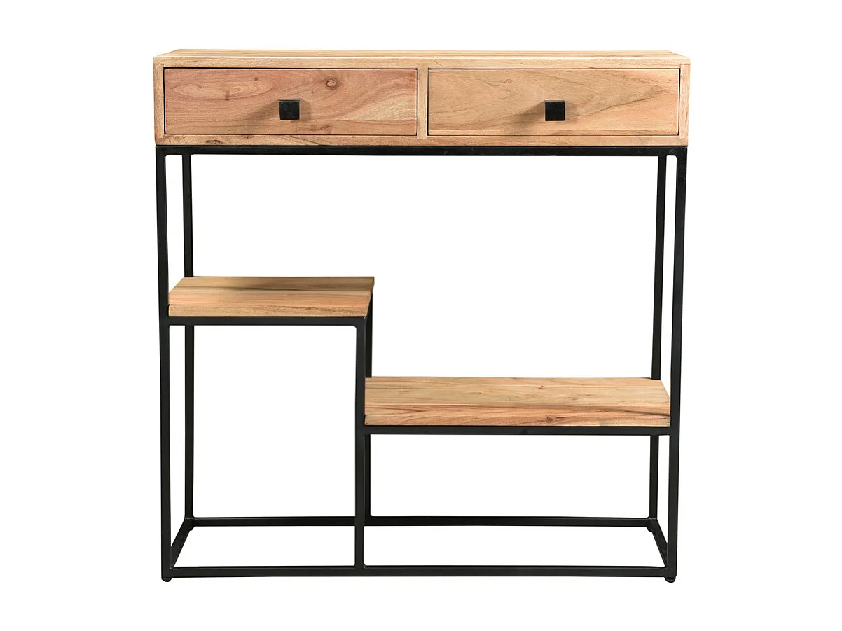 Console avec rangements 2 tiroirs en bois massif et métal noir L80 cm GRENELLE