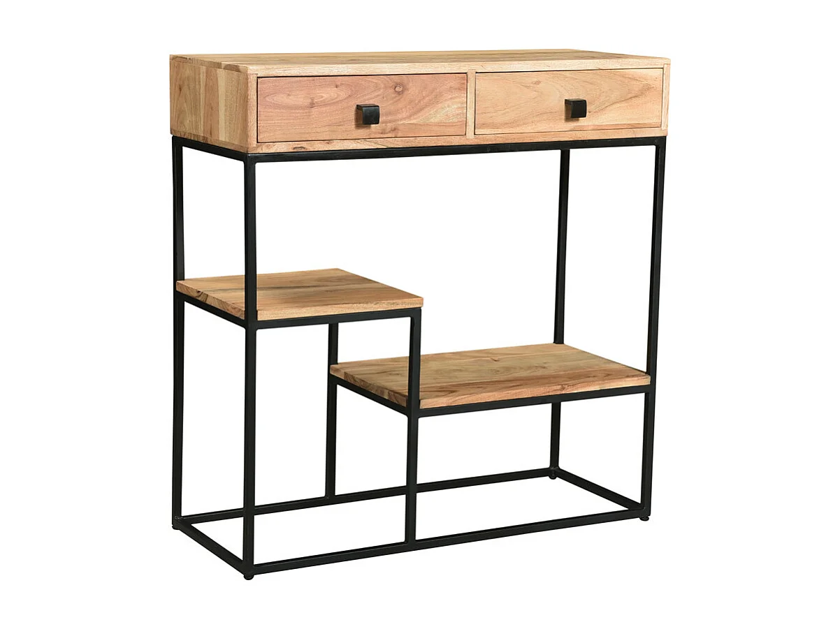 Console avec rangements 2 tiroirs en bois massif et métal noir L80 cm GRENELLE