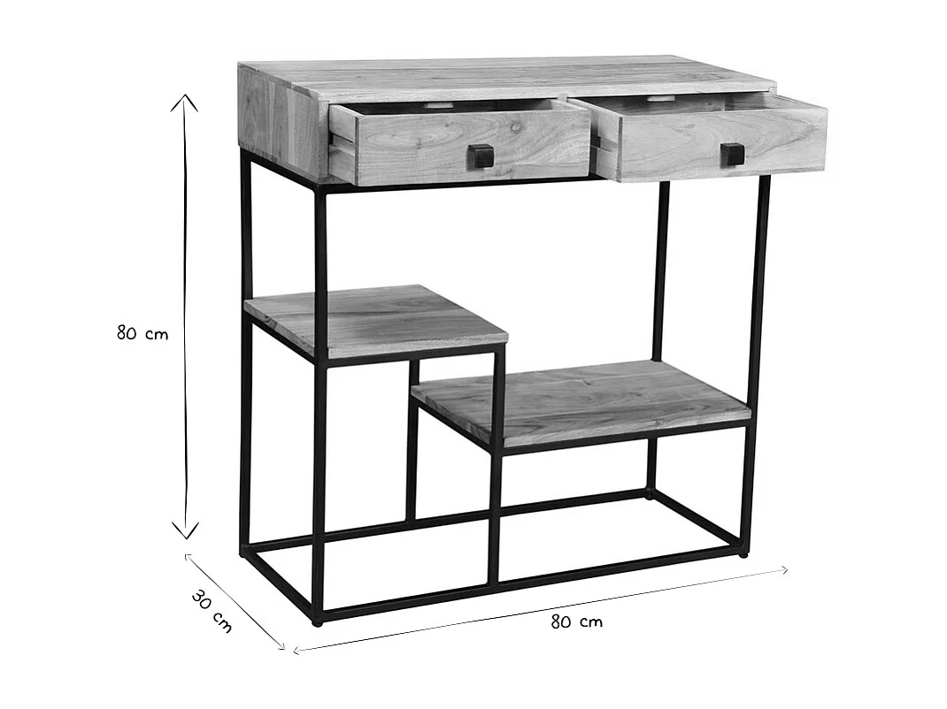 Console avec rangements 2 tiroirs en bois massif et métal noir L80 cm GRENELLE