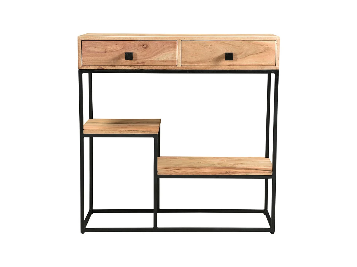 Console avec rangements 2 tiroirs en bois massif et métal noir L80 cm GRENELLE