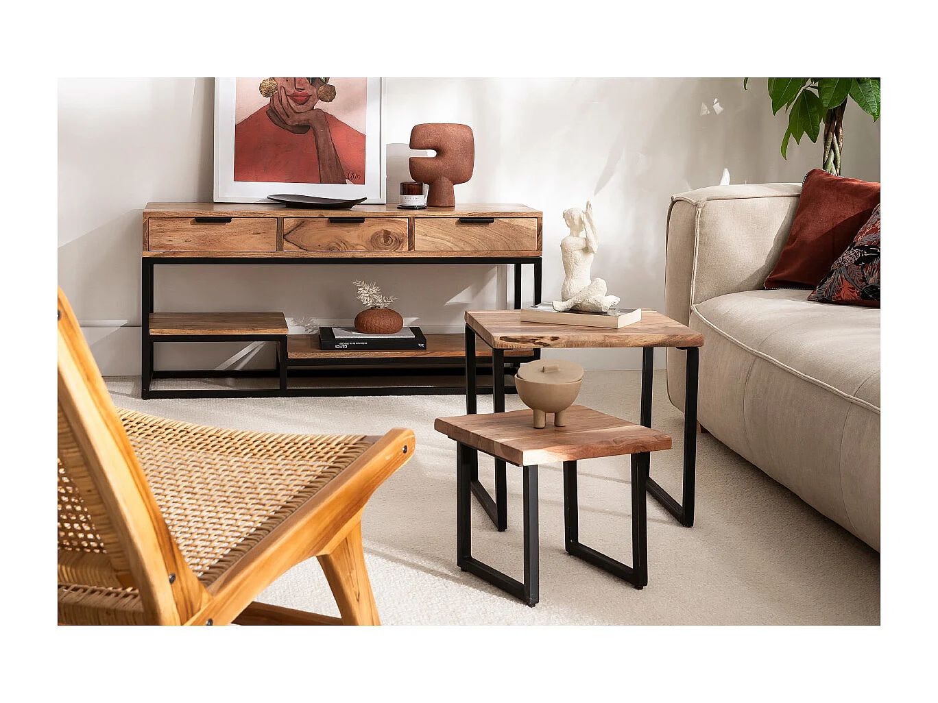 Mueble TV de acacia maciza y metal 115 cm WARREN