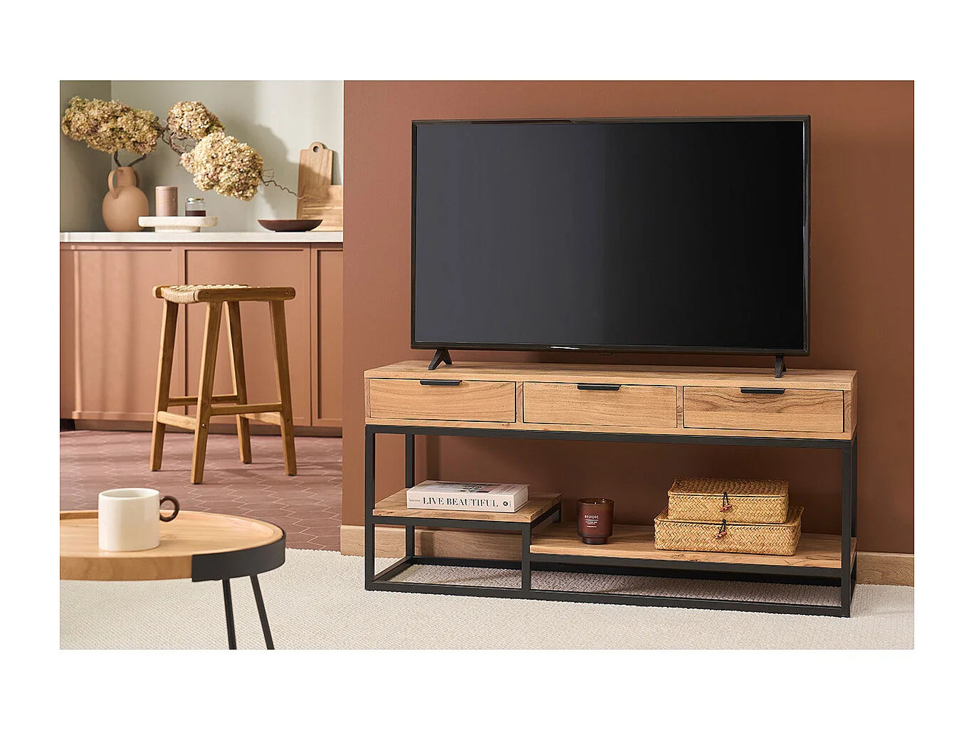 Meuble TV en bois massif et métal noir L115 cm WARREN