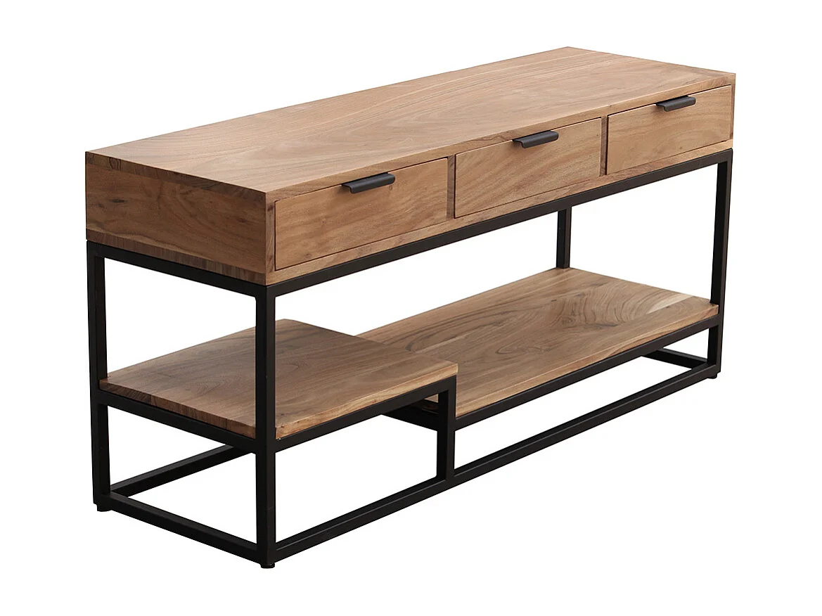 Meuble TV en bois massif et métal noir L115 cm WARREN