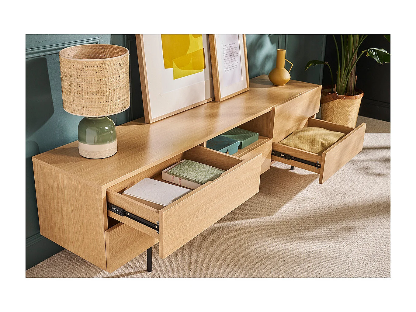 Mueble TV de diseño con armarios de madera de roble claro y metal negro 180 cm ALASKA