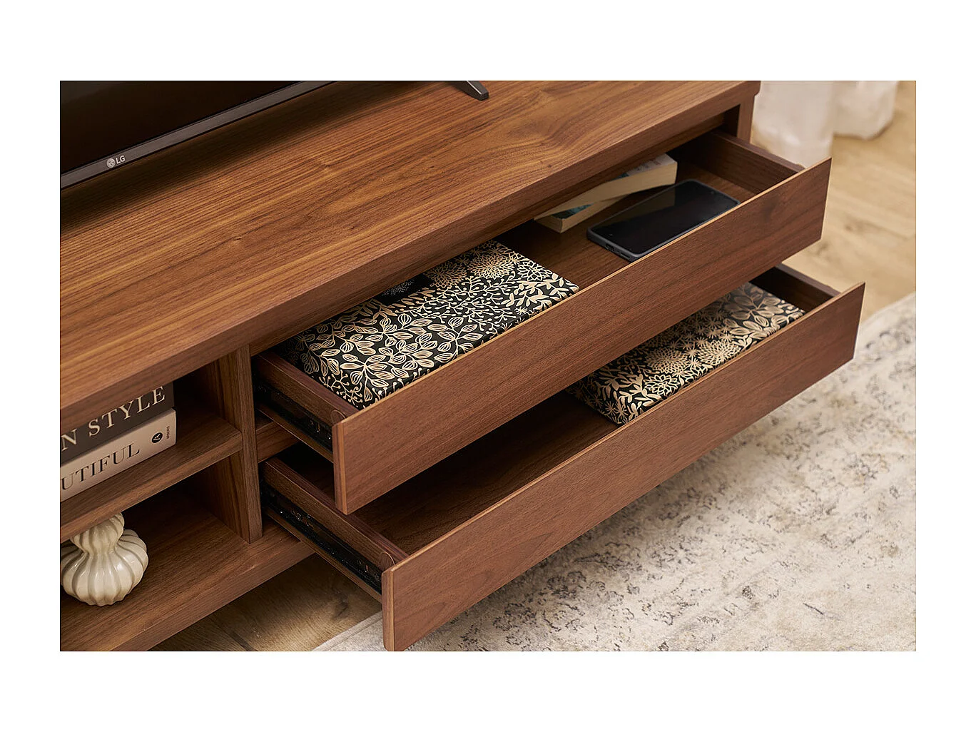 Meuble TV vintage bois foncé avec tiroirs L140 cm FIFTIES