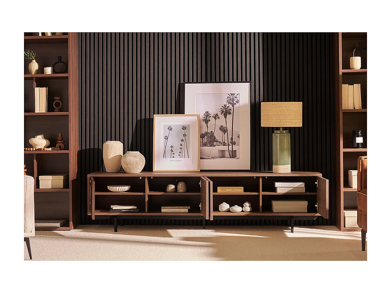 Meuble TV vintage bois foncé noyer et métal noir L200 cm MANNY