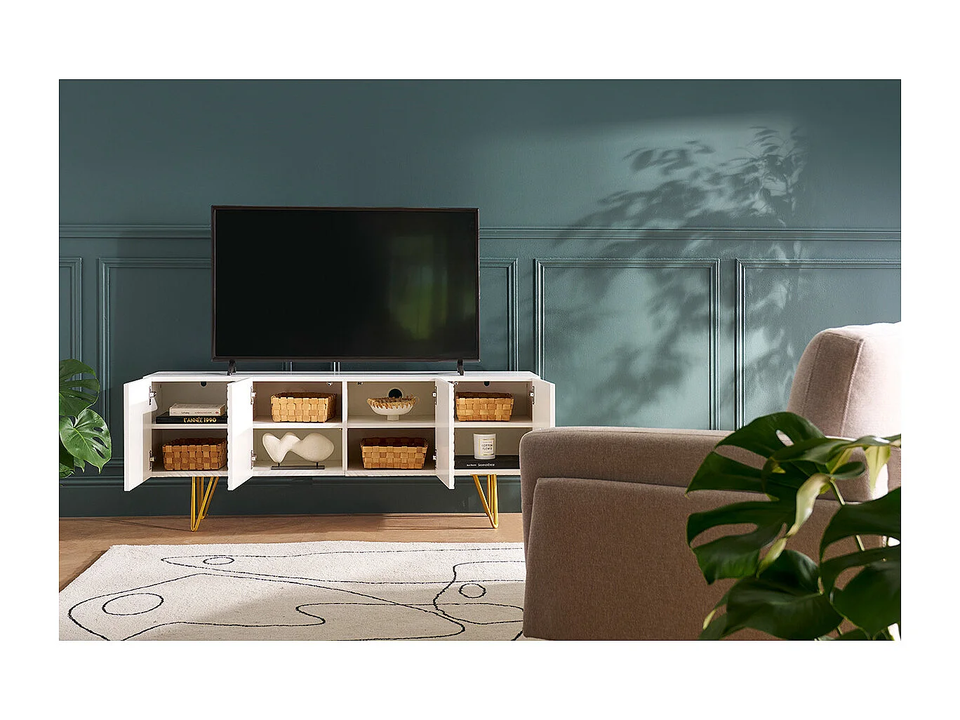 Design-TV-Möbel mit weißer Gravur und goldfarbenem Metall B140 cm OZEN