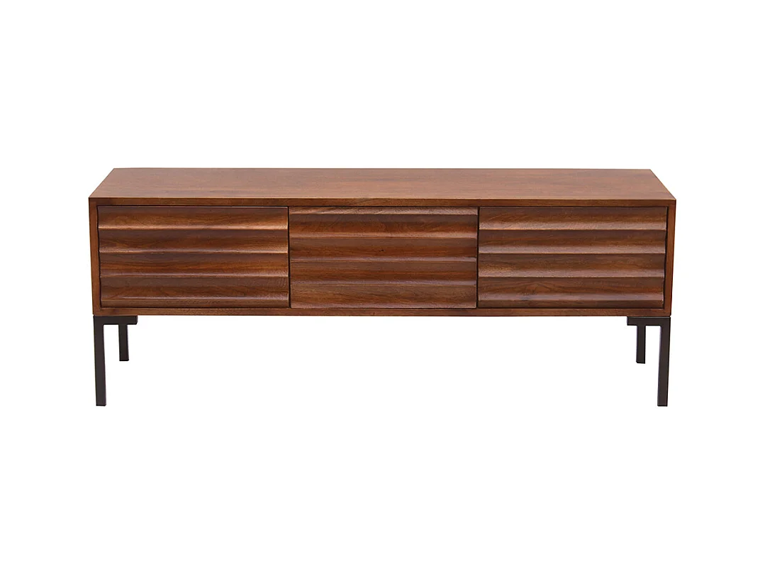 Meuble TV en bois foncé manguier massif et métal noir 3 portes L120 cm ONDA
