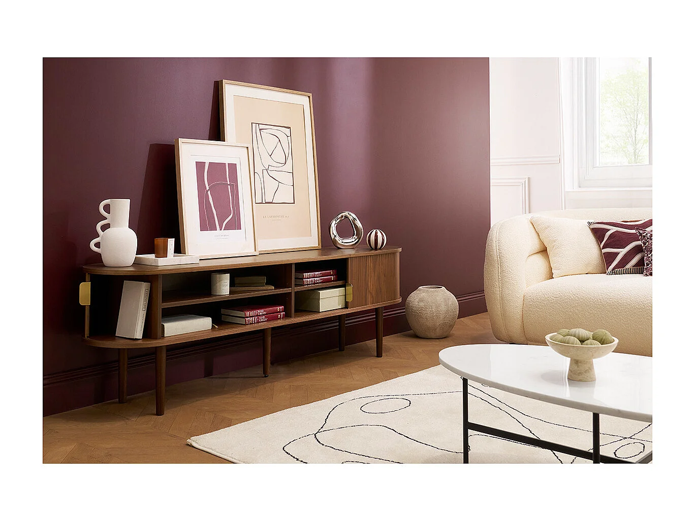 Meuble TV vintage bois foncé noyer avec rangements 2 portes coulissantes L180 cm EPIC