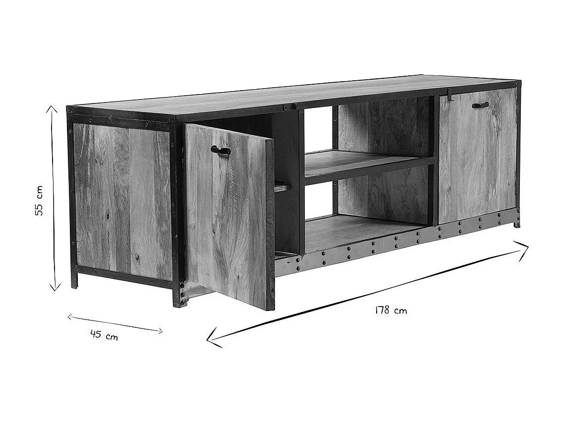 Meuble TV industriel en bois manguier massif L178 cm INDUSTRIA