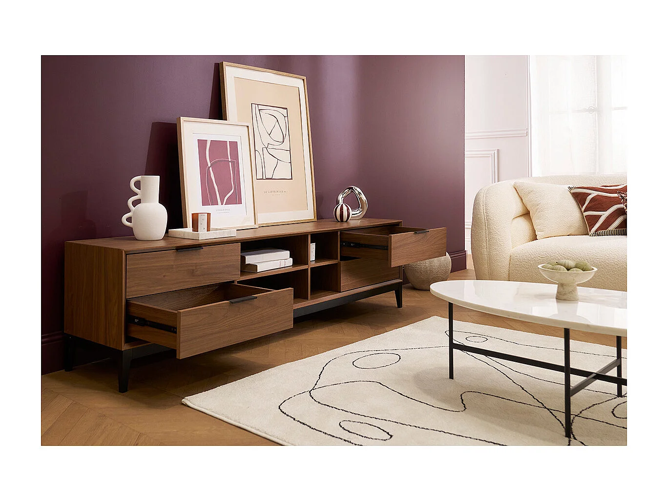 Meuble TV vintage finition bois foncé noyer et métal noir avec rangements L180 cm SARTO