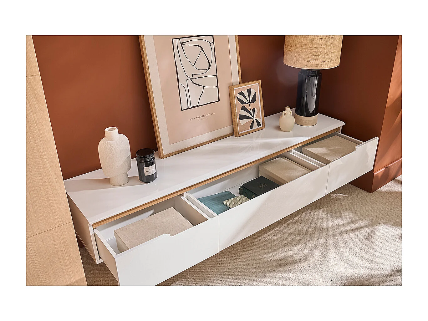 Mueble TV escandinavo blanco brillante y fresno 180cm MELKA