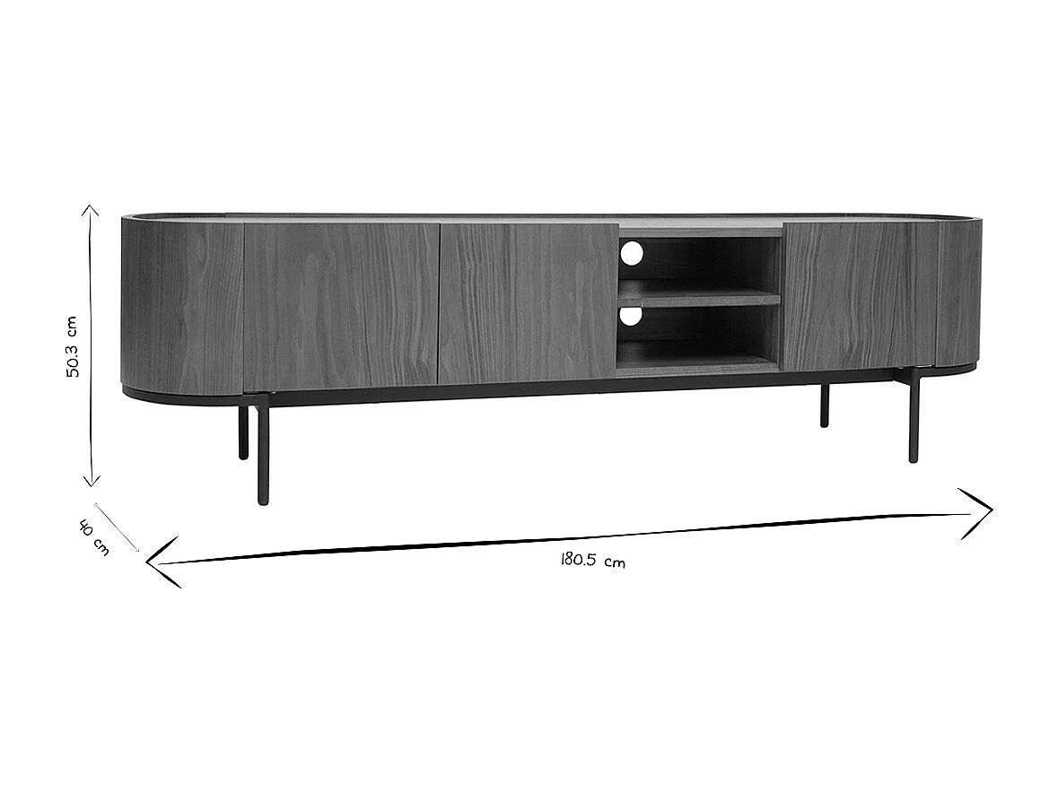 Meuble TV design bois foncé noyer et métal noir avec rangements L180 cm SKYE