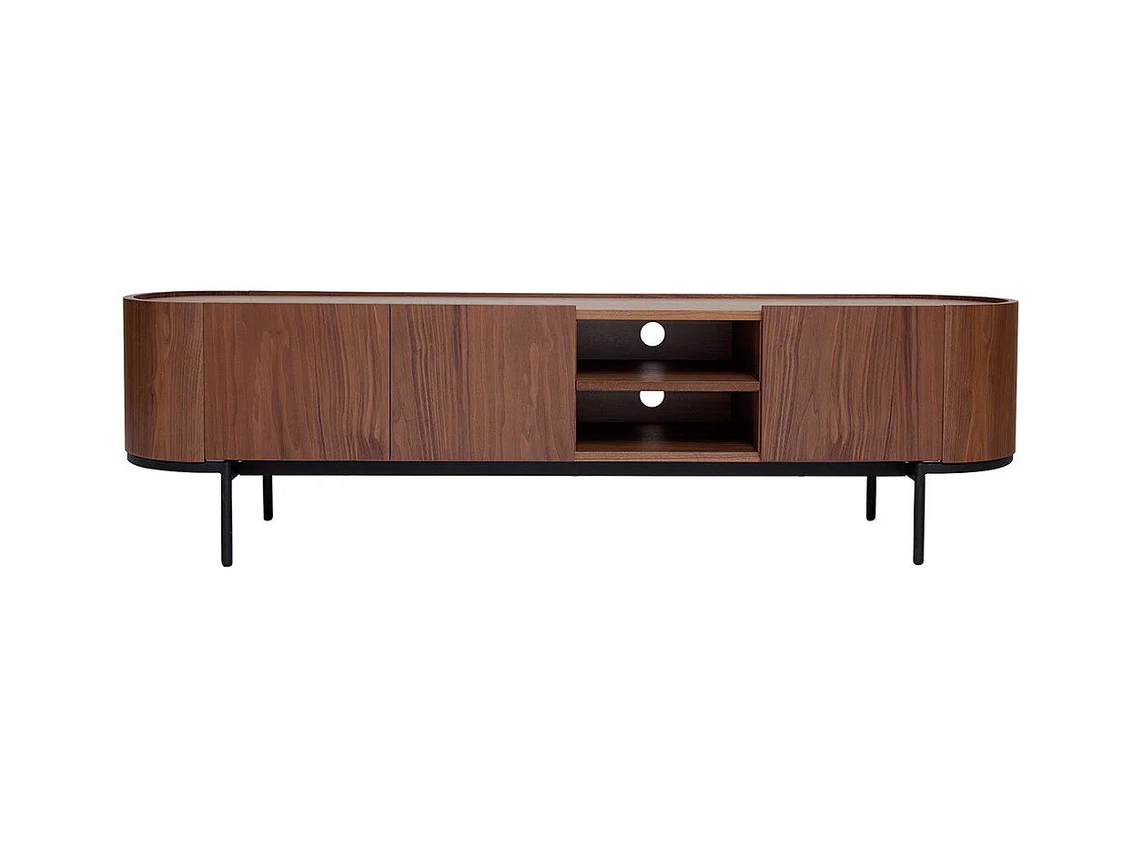 Meuble TV design bois foncé noyer et métal noir avec rangements L180 cm SKYE