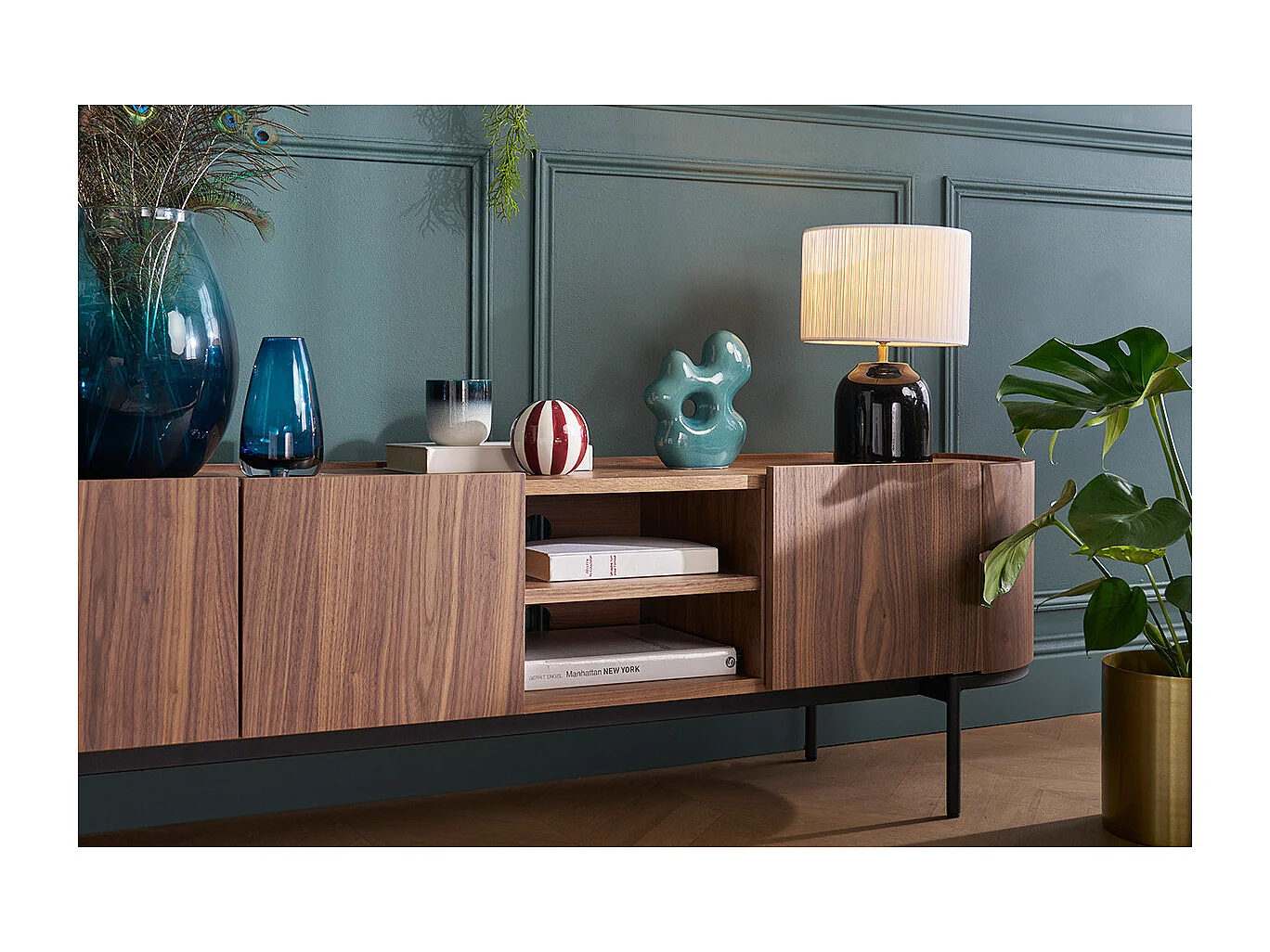 Mobile TV design legno scuro noce e metallo nero con scomparti L180 cm SKYE