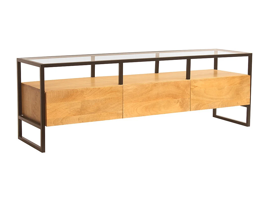 Mueble TV rectangular con almacenaje de madera maciza de mango, cristal y metal negro 150 cm DIYA