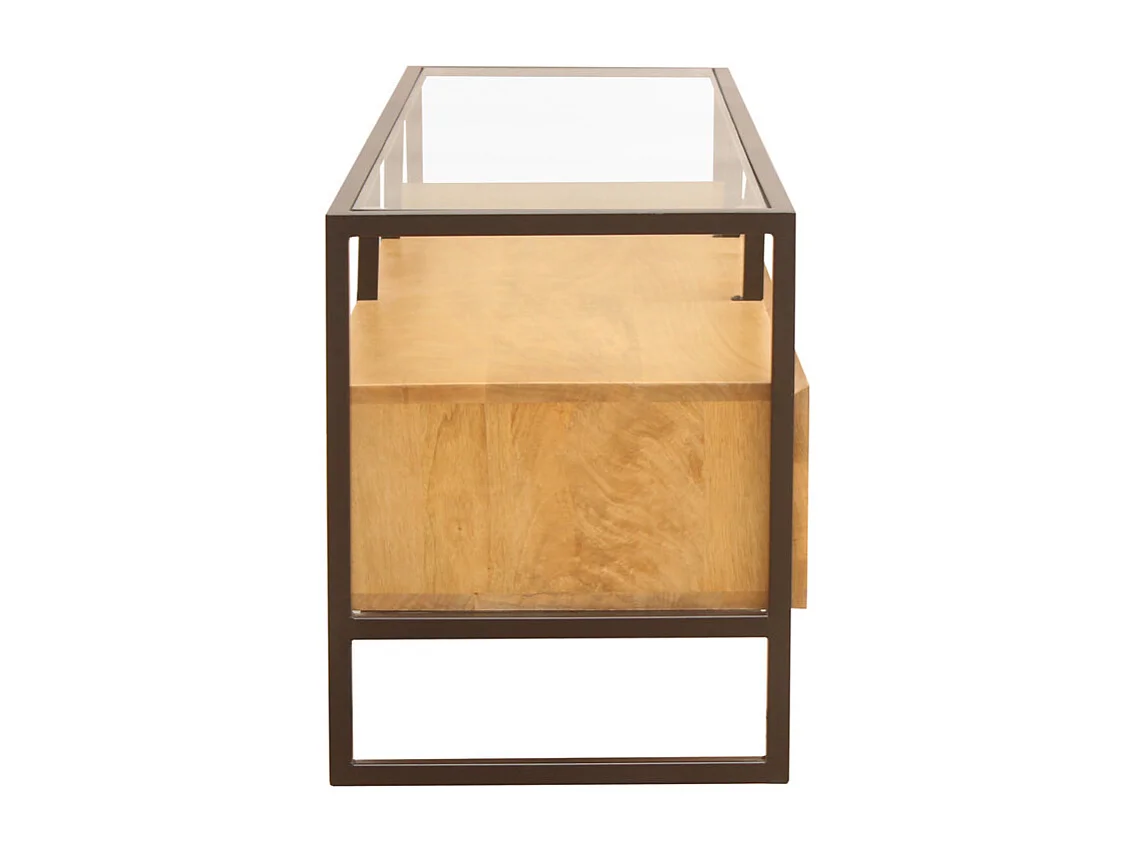 Mueble TV rectangular con almacenaje de madera maciza de mango, cristal y metal negro 150 cm DIYA