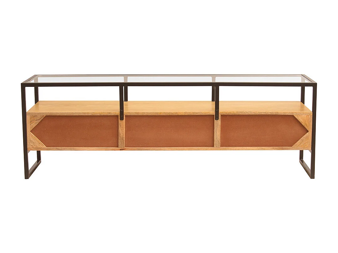 Mueble TV rectangular con almacenaje de madera maciza de mango, cristal y metal negro 150 cm DIYA