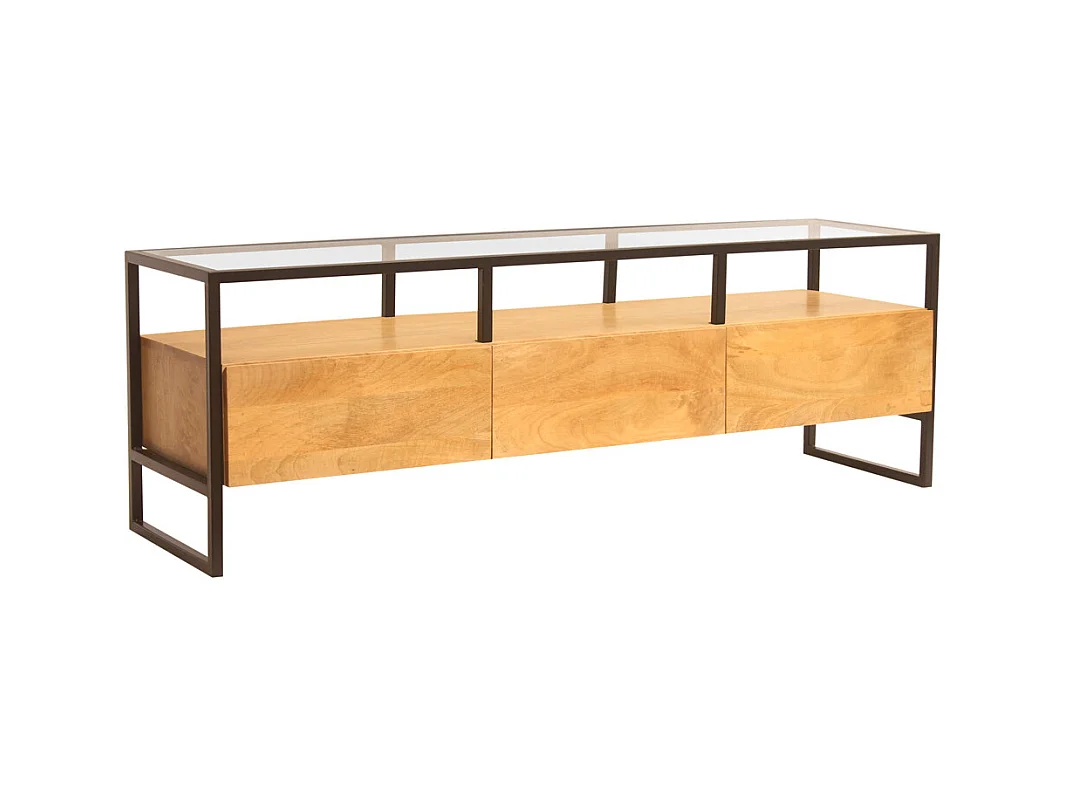 Meuble TV rectangulaire avec rangements en bois manguier massif, verre et métal noir L150 cm DIYA
