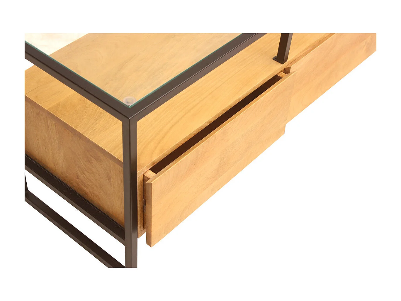 Mueble TV rectangular con almacenaje de madera maciza de mango, cristal y metal negro 150 cm DIYA