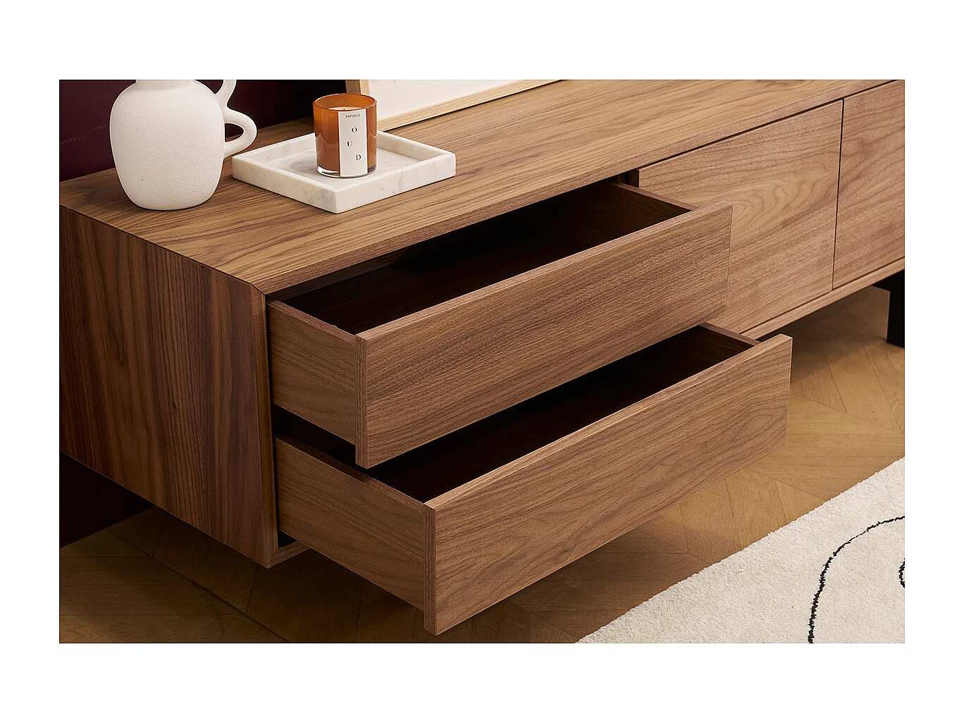 Meuble TV vintage en bois foncé avec rangements fermés L160 cm MANNY