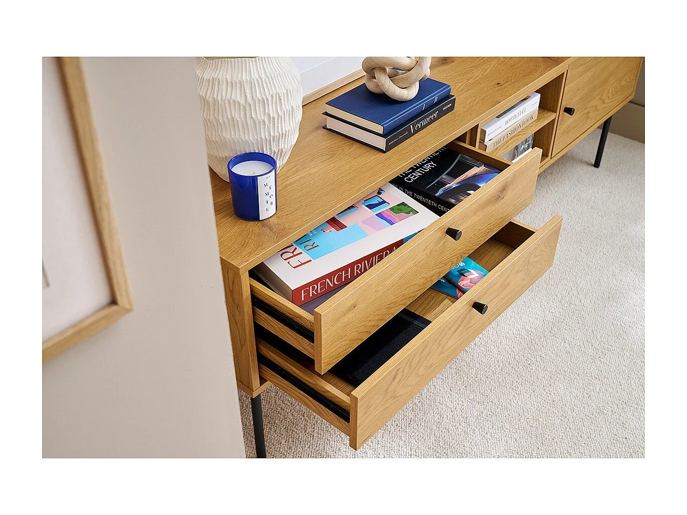 Meuble TV finition en bois clair chêne et métal noir L160 cm PERNELLE