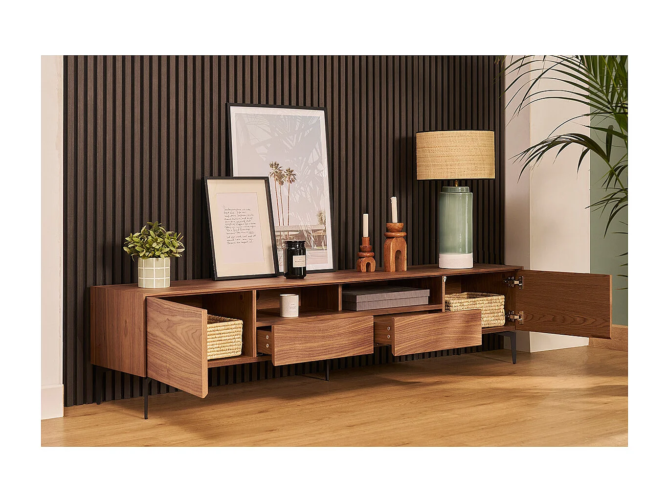 Meuble TV design bois foncé noyer et métal noir 2 portes 2 tiroirs L200 cm BLISS