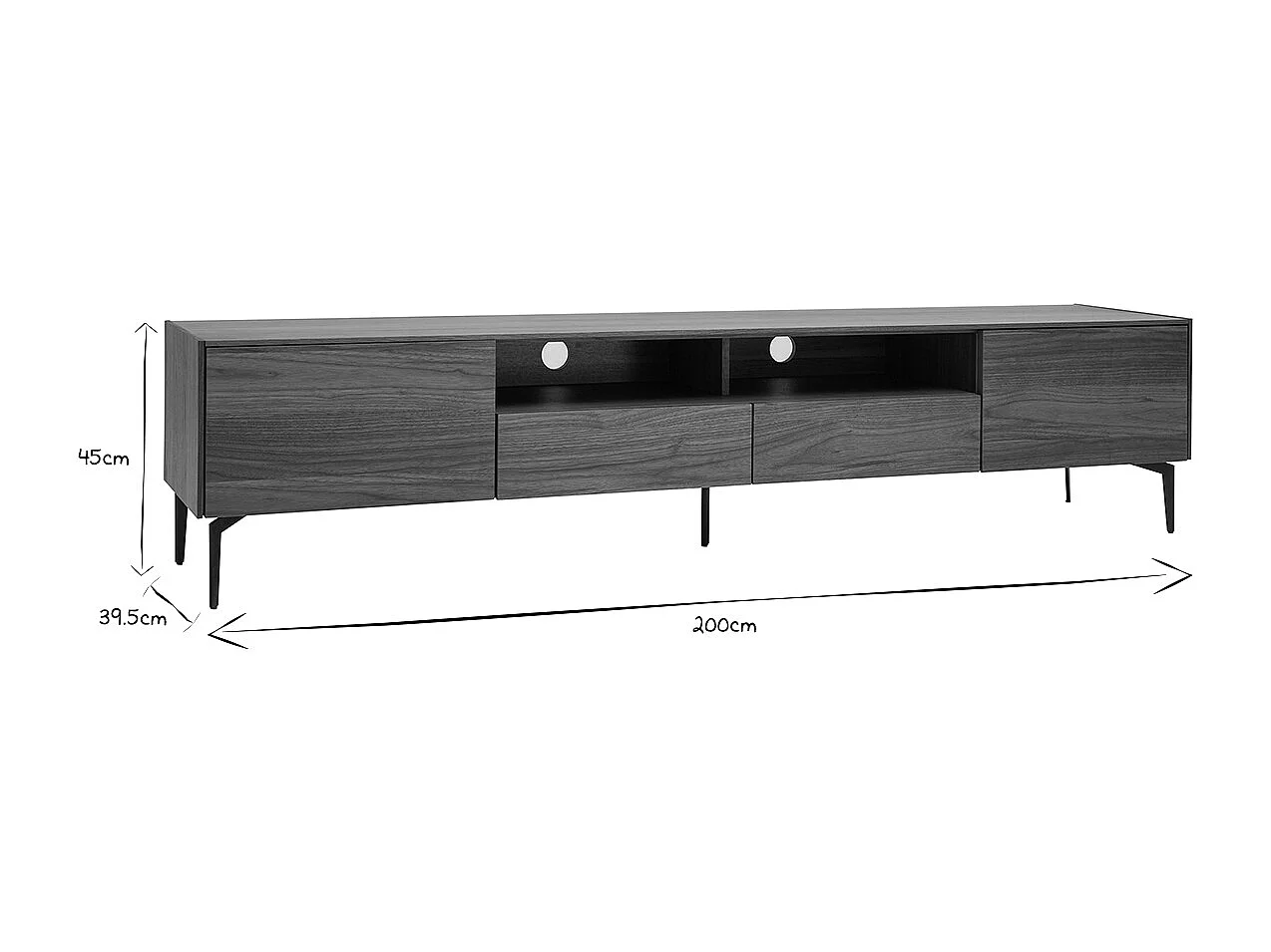 Meuble TV design bois foncé noyer et métal noir 2 portes 2 tiroirs L200 cm BLISS