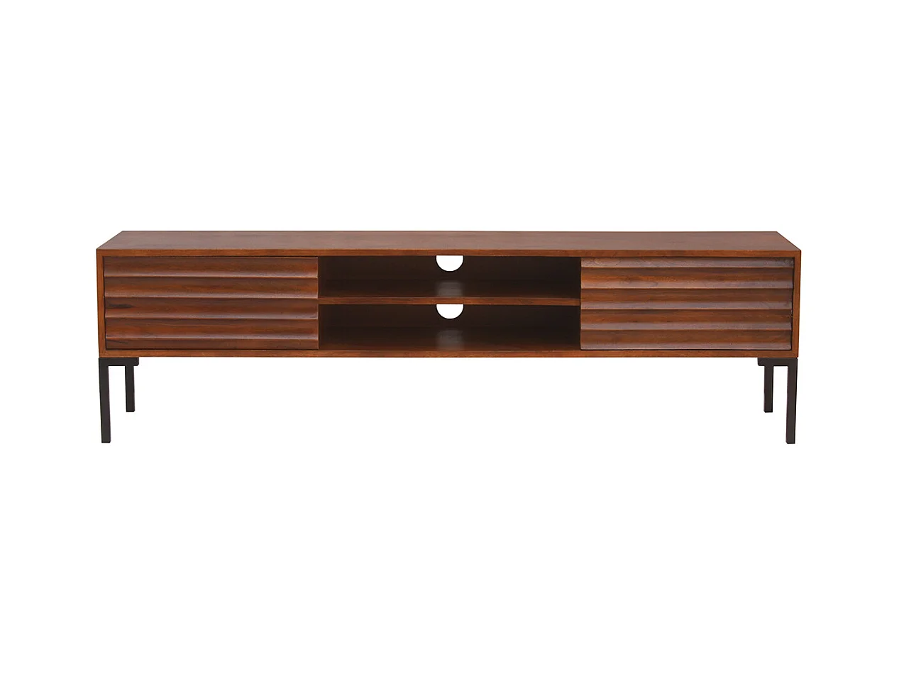 TV-Möbel aus dunklem, massivem Mangoholz und schwarzem Metall 2 Türen B160 cm ONDA