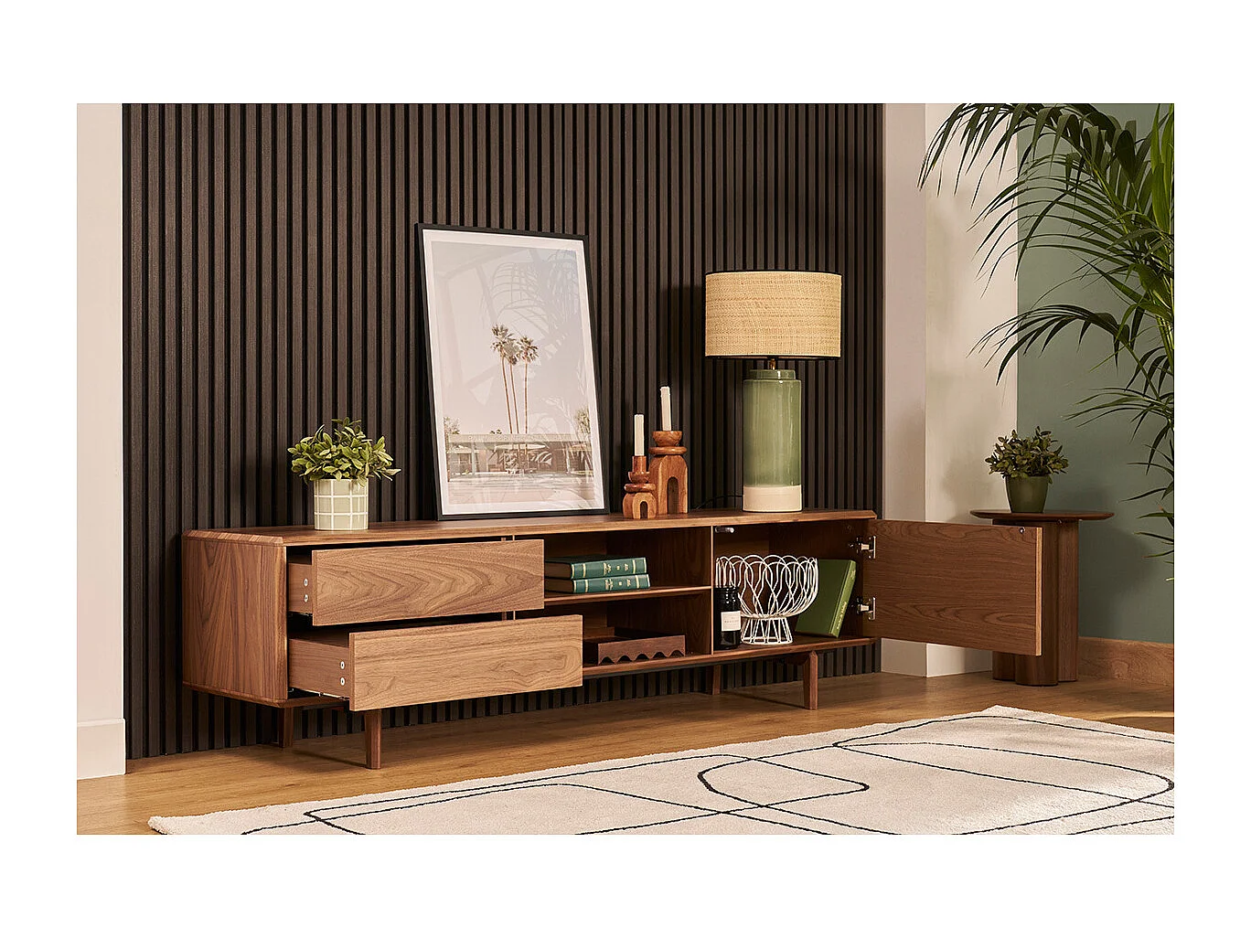 Meuble TV en bois foncé noyer 1 porte 2 tiroirs L180 cm SUVA