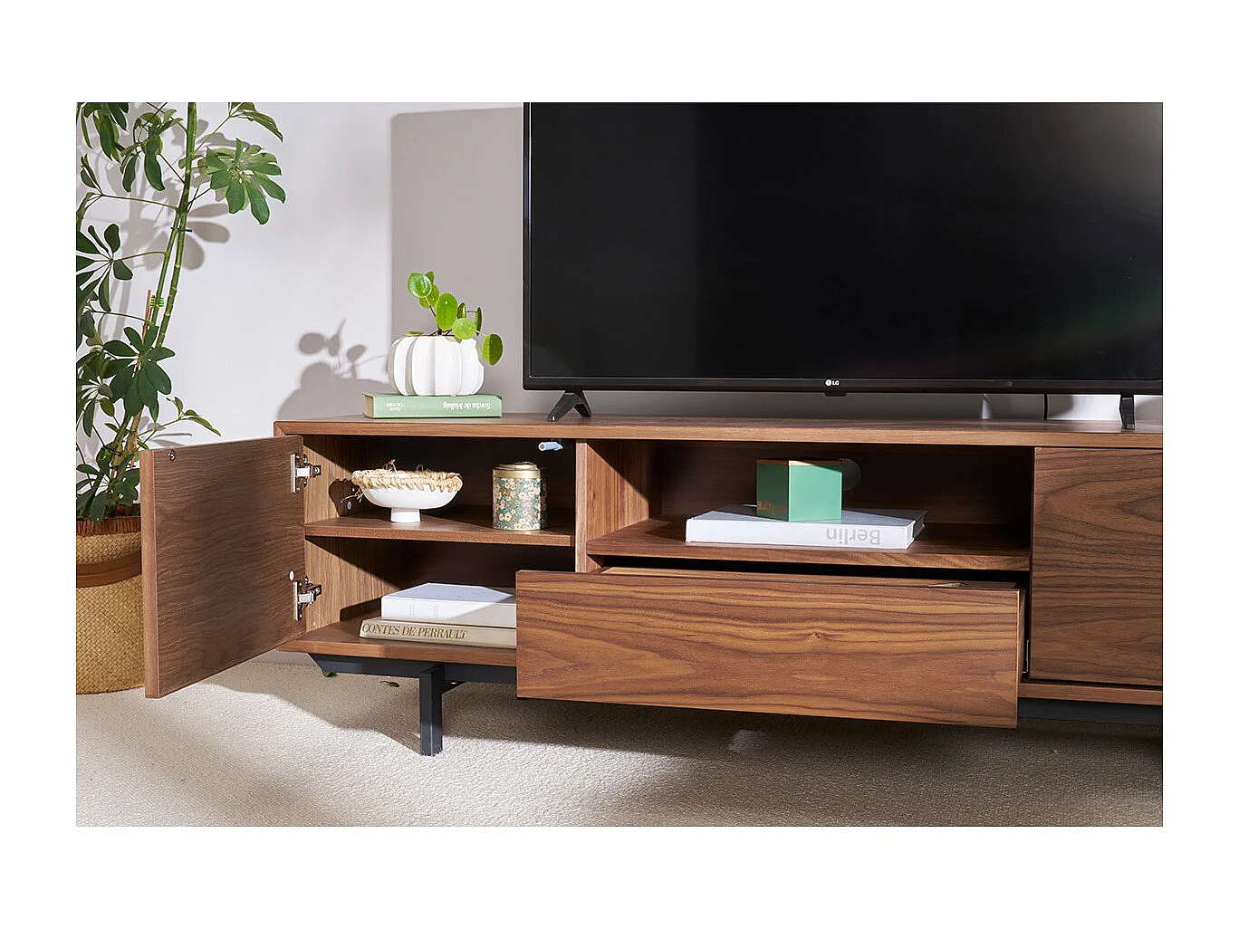 Meuble TV vintage en bois foncé niche ouverte L160 cm MANNY