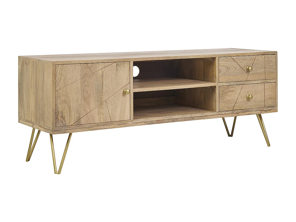 Meuble TV gravé en bois manguier massif et métal L130 LINIUM
