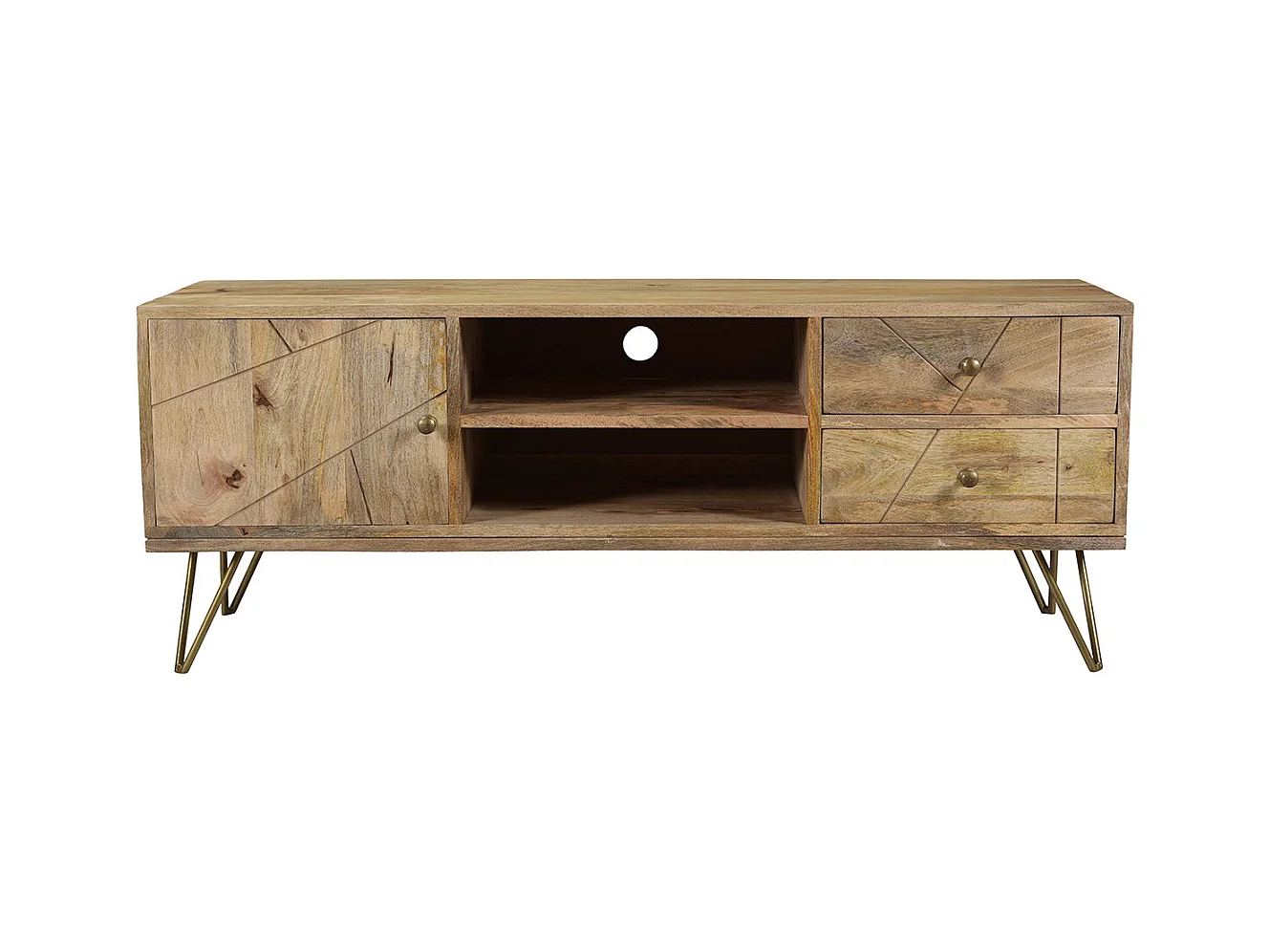 Meuble TV gravé en bois manguier massif et métal L130 LINIUM