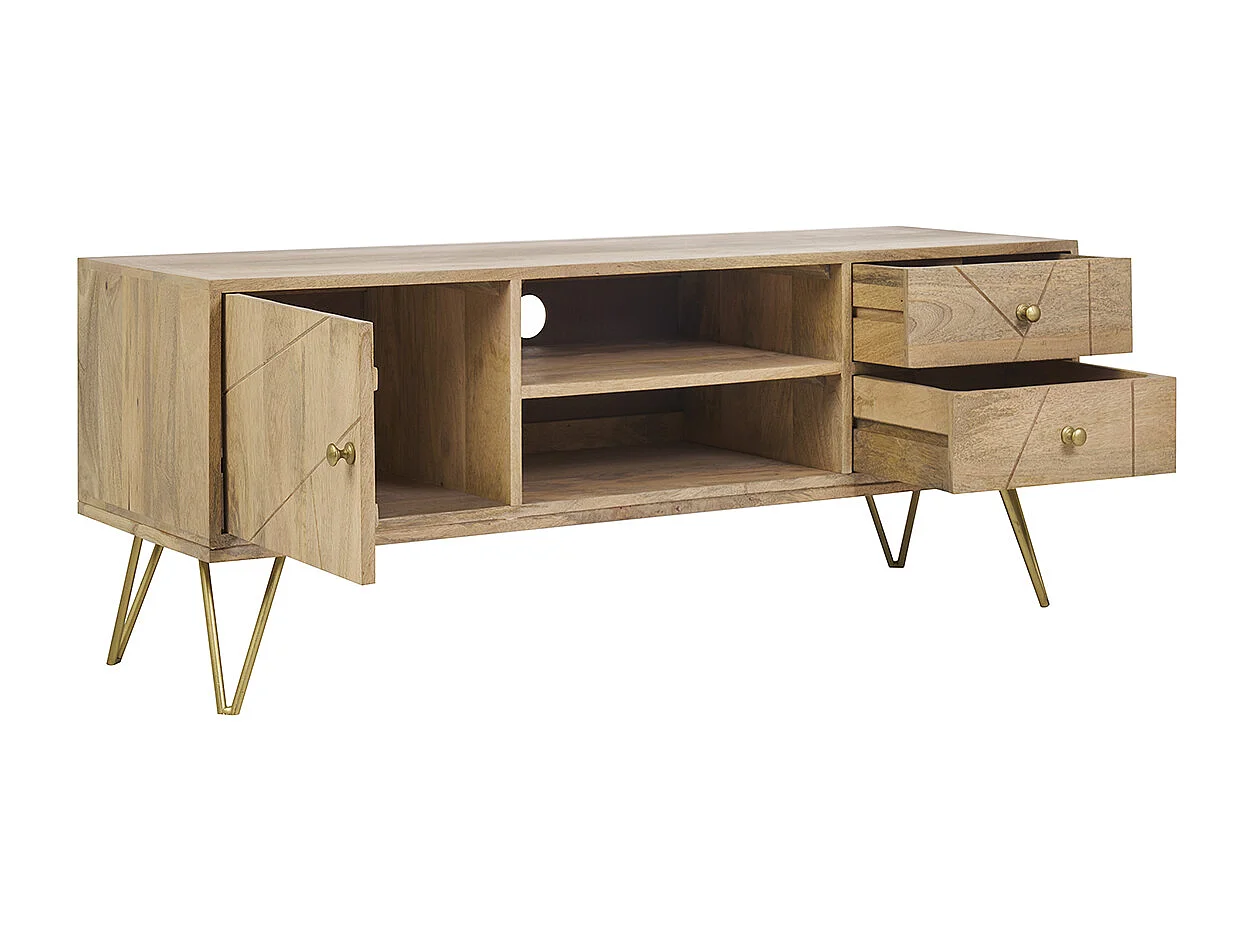 TV-Möbel graviert aus Mangoholz und Metall LINIUM