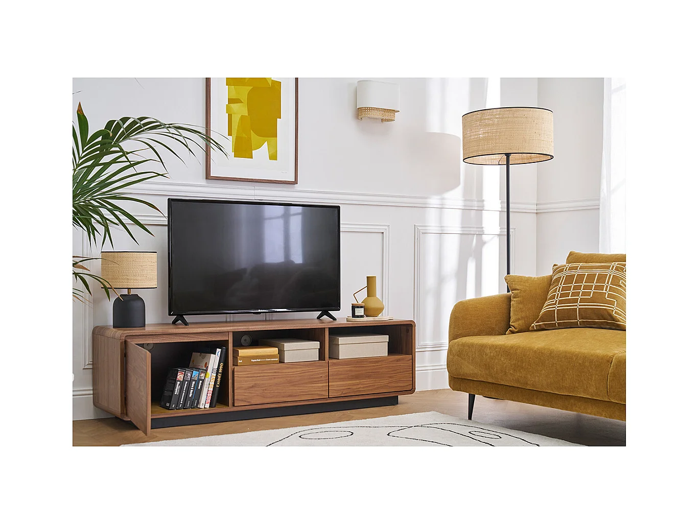 Meuble TV vintage en bois foncé noyer et métal noir L160 cm JAKO