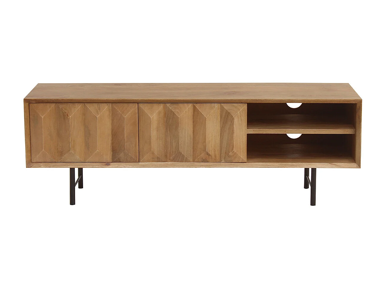 TV-Möbel aus hellem massivem Mangoholz mit Relief und schwarzem Metall B120 cm AGRA