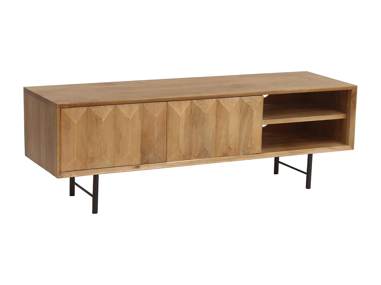 TV-Möbel aus hellem massivem Mangoholz mit Relief und schwarzem Metall B120 cm AGRA