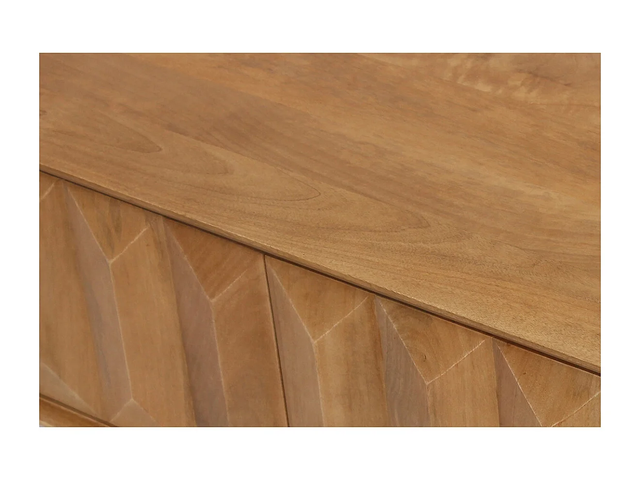 TV-Möbel aus hellem massivem Mangoholz mit Relief und schwarzem Metall B120 cm AGRA