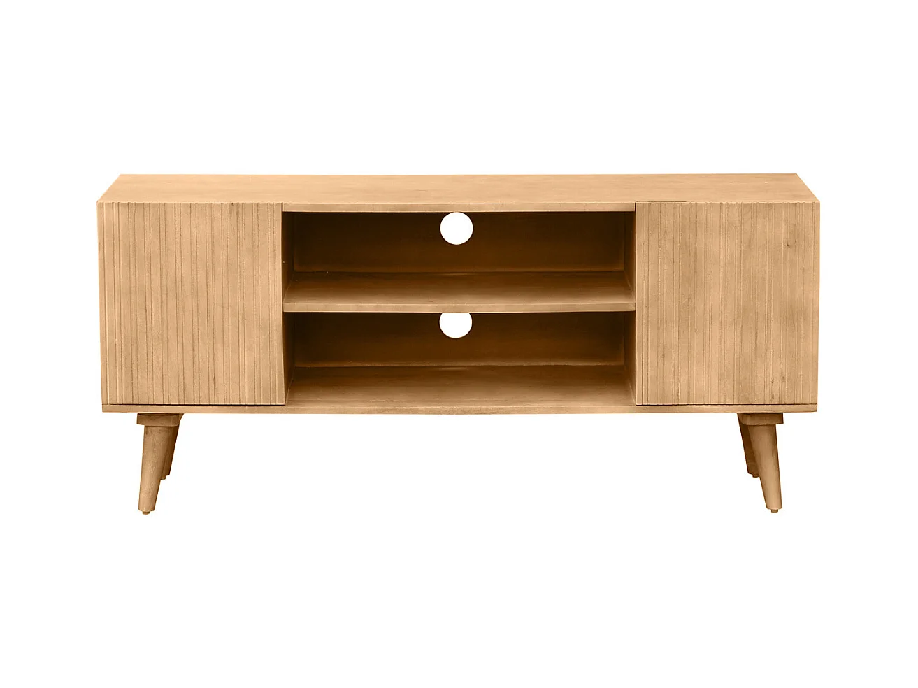 Meuble TV en bois clair manguier massif gravé 2 portes L135 cm RUBIA