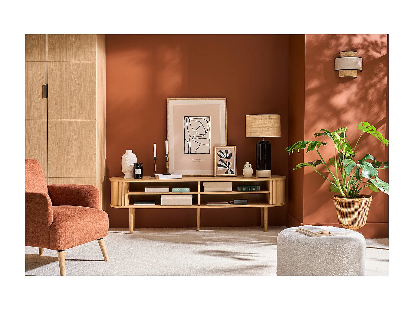 Meuble TV vintage bois clair chêne avec rangements 2 portes coulissantes L180 cm EPIC