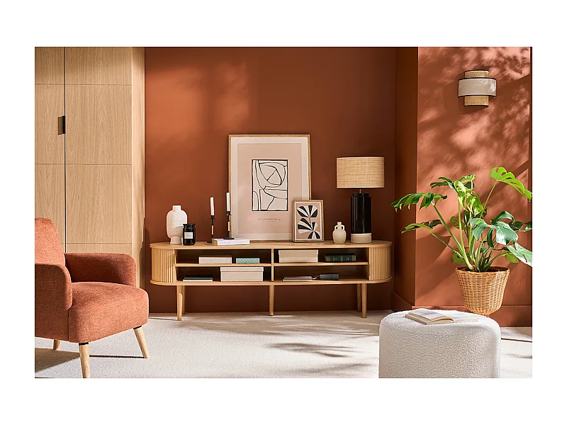 Mobile TV vintage legno chiaro rovere con ripiani 2 ante scorrevoli L180 cm EPIC